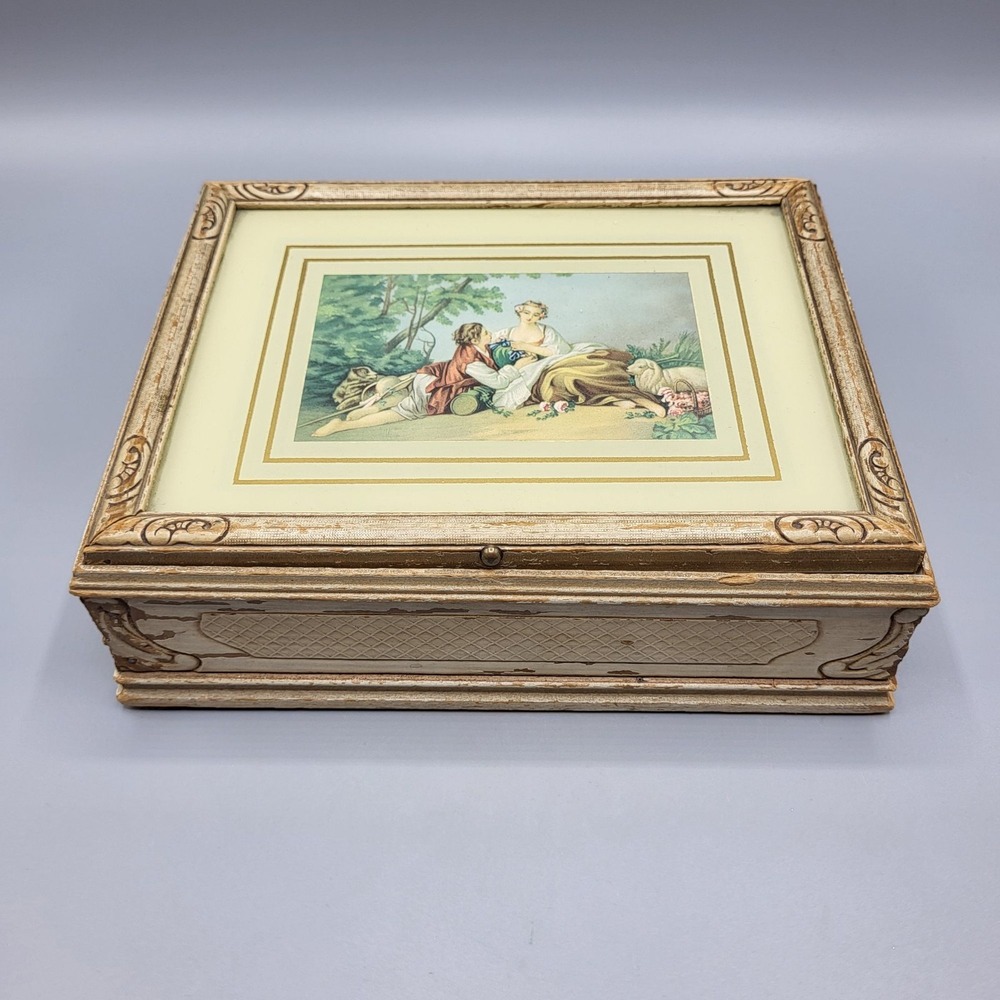 Vtg Wooden Jewelry Box Mirror Distressed Finish Romantic Artwork 9" x 7" x 3"